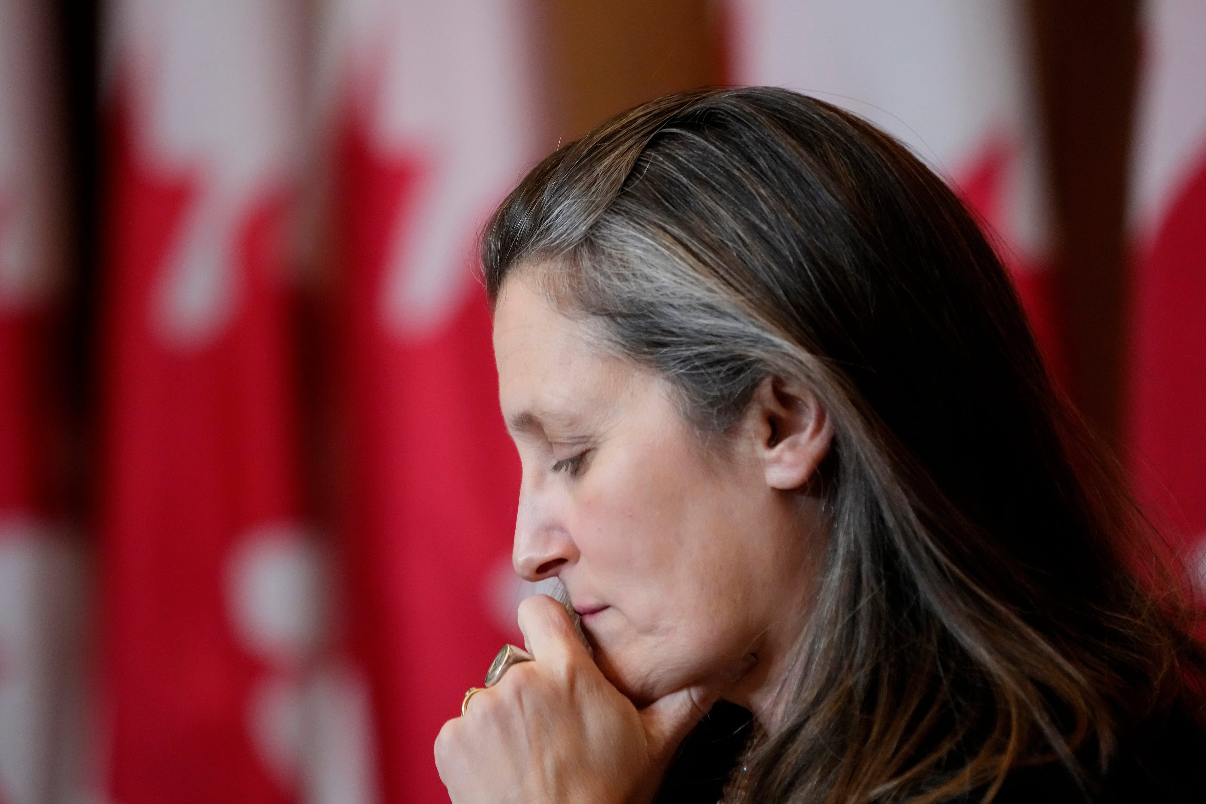 Freeland participates in a media availability to discuss Canadian sanctions on Russia, as Russia continues to invade Ukraine, in Ottawa, Mar. 1, 2022. (Justin Tang/The Canadian Press)