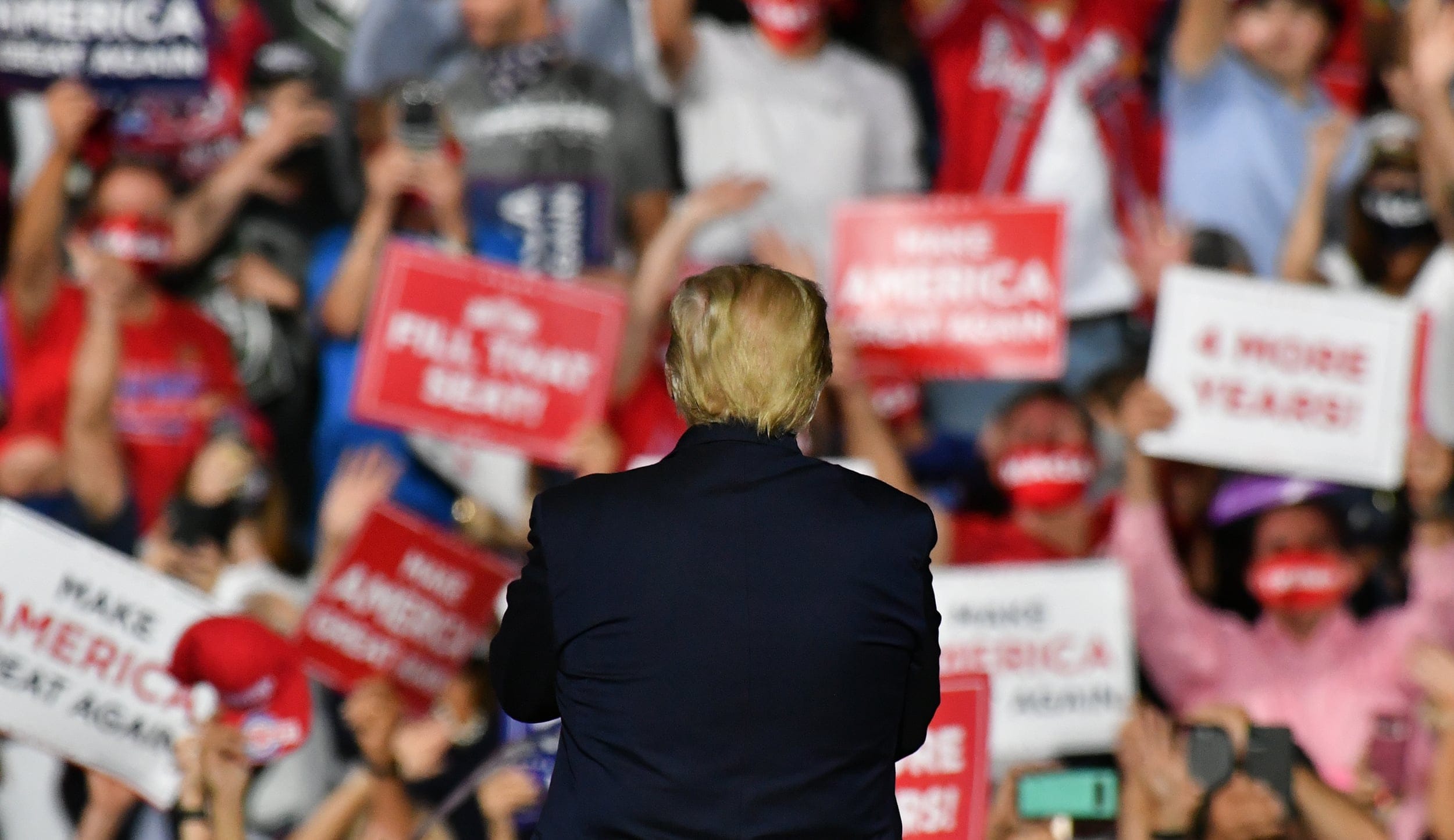 President Donald Trump addresses the crowd at a Make America Great Again event at Gastonia Municipal Airport on October 21, 2020 in Gastonia, North Carolina, United States. (Peter Zay/Anadolu Agency /Getty Images)