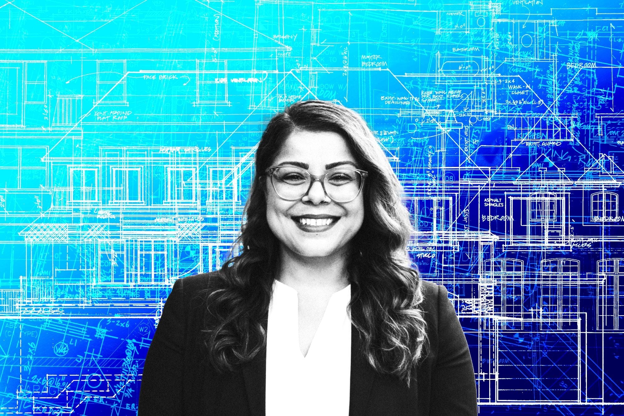 A photo of a smiling woman against an illustrated backdrop of house blueprints