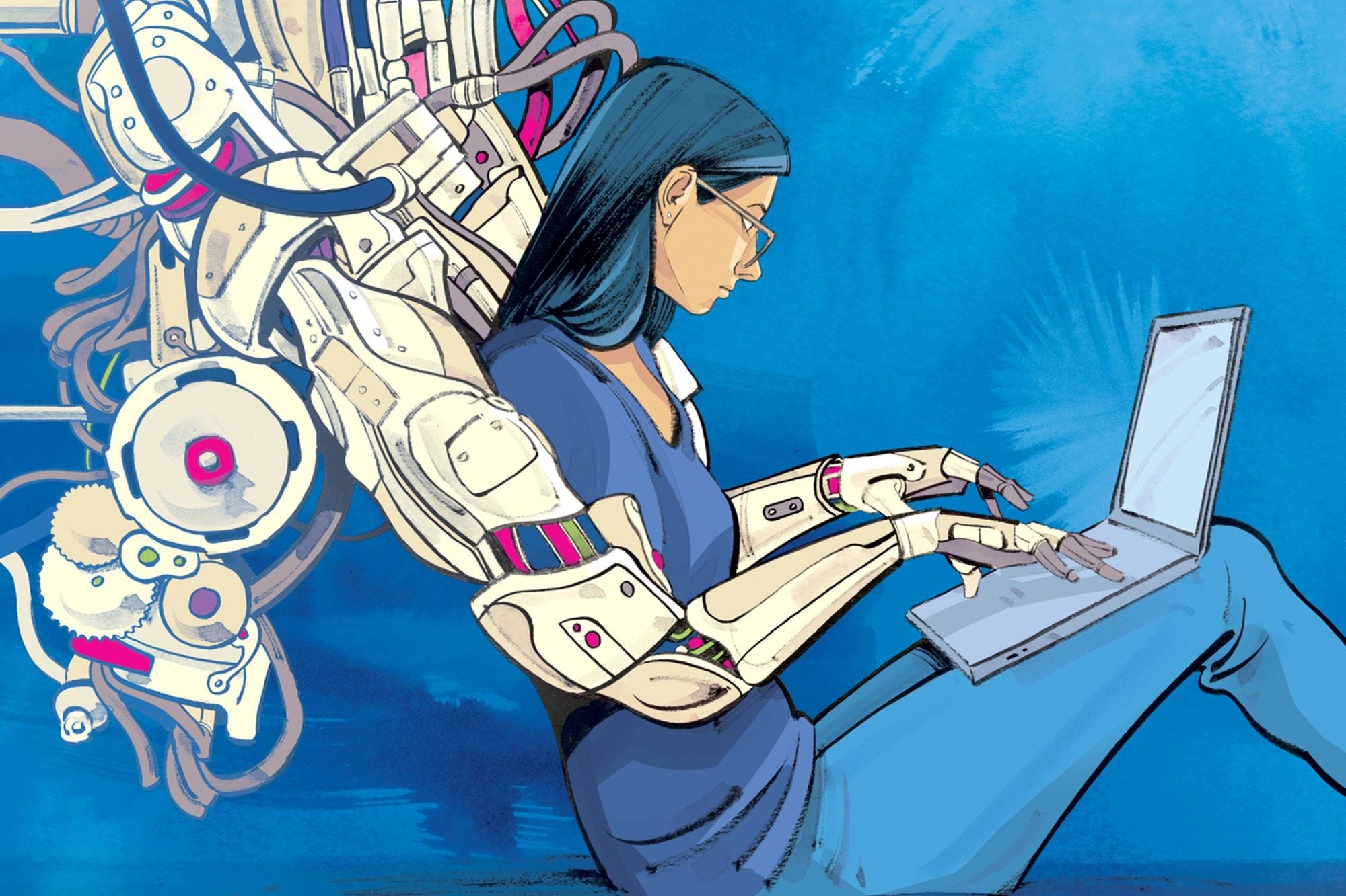 A person sitting at a computer with their arms being controlled by a robot