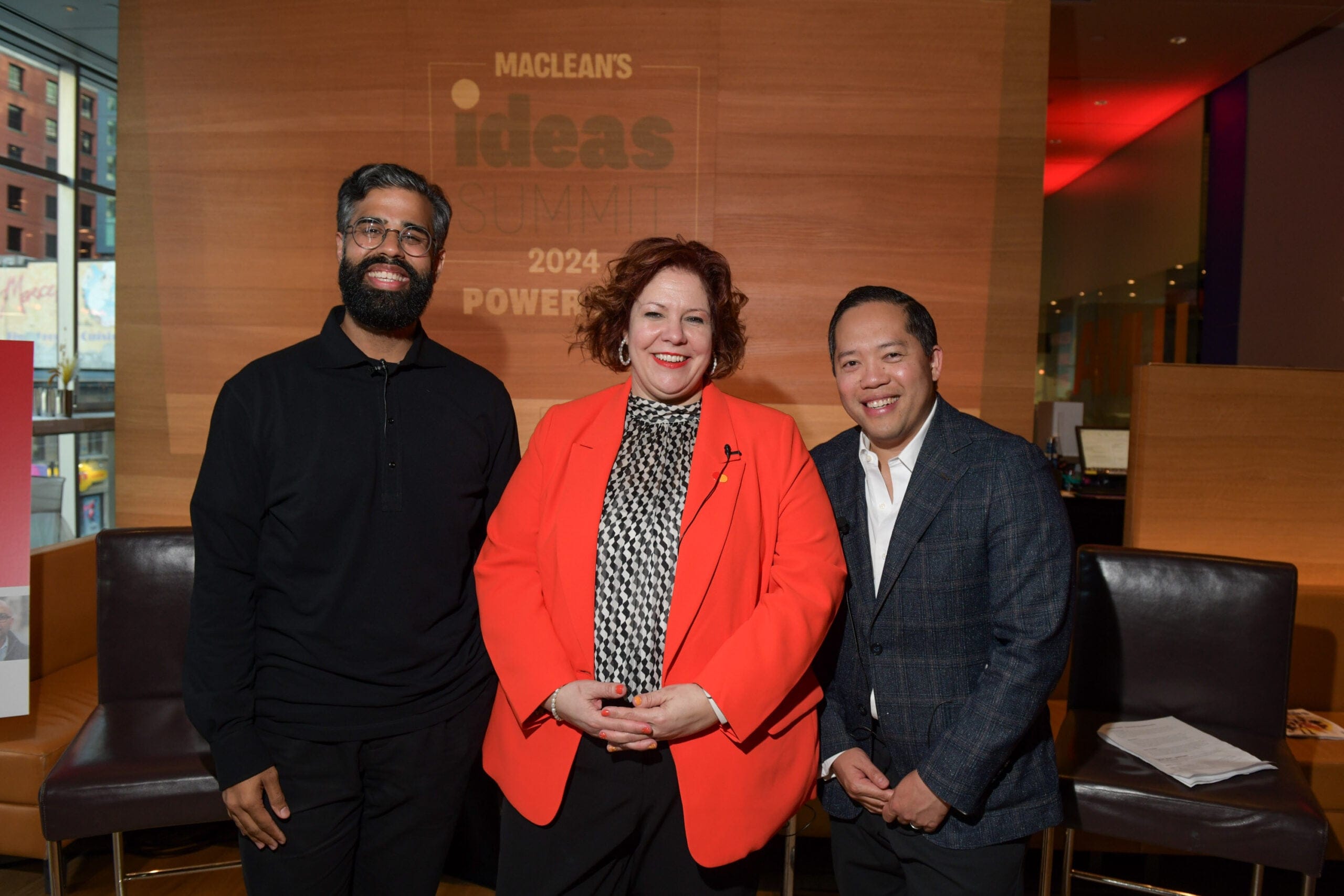 [L to R] Satish Kanwar, co-founder, Good Future; Sasha Krstic, president, Mastercard Canada; and Jason Maghanoy, publisher, Maclean’s.