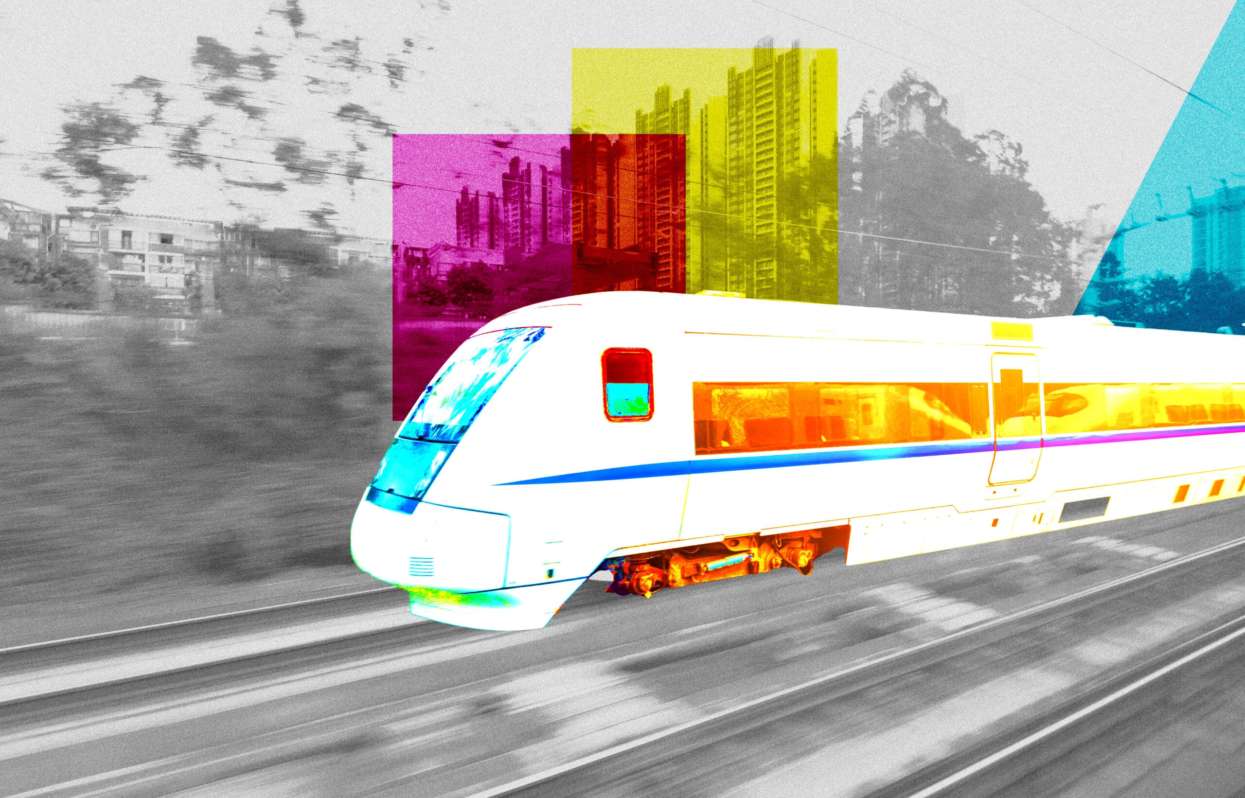 High speed train driving in the city.