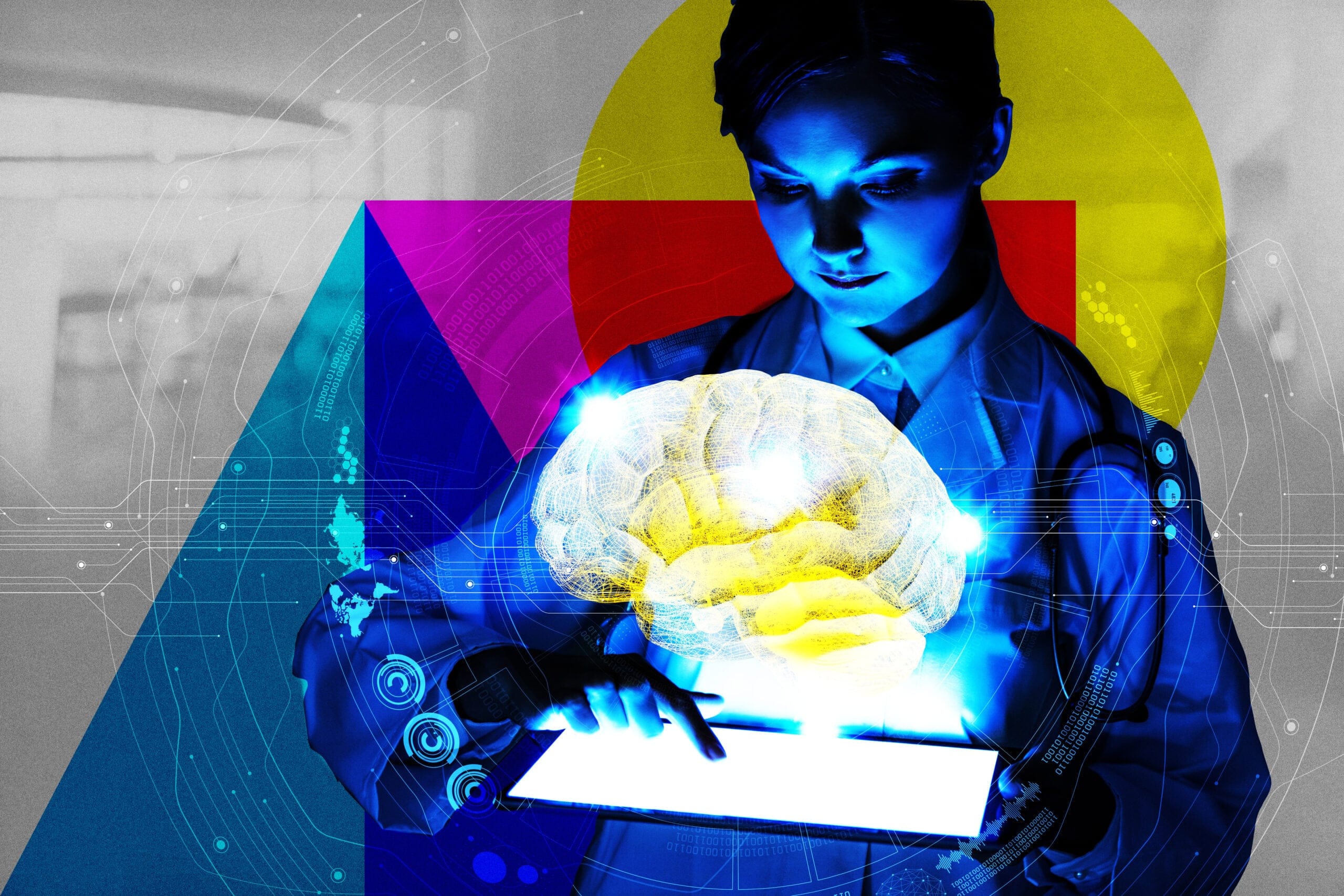 A person looking at a holographic scan of a brain