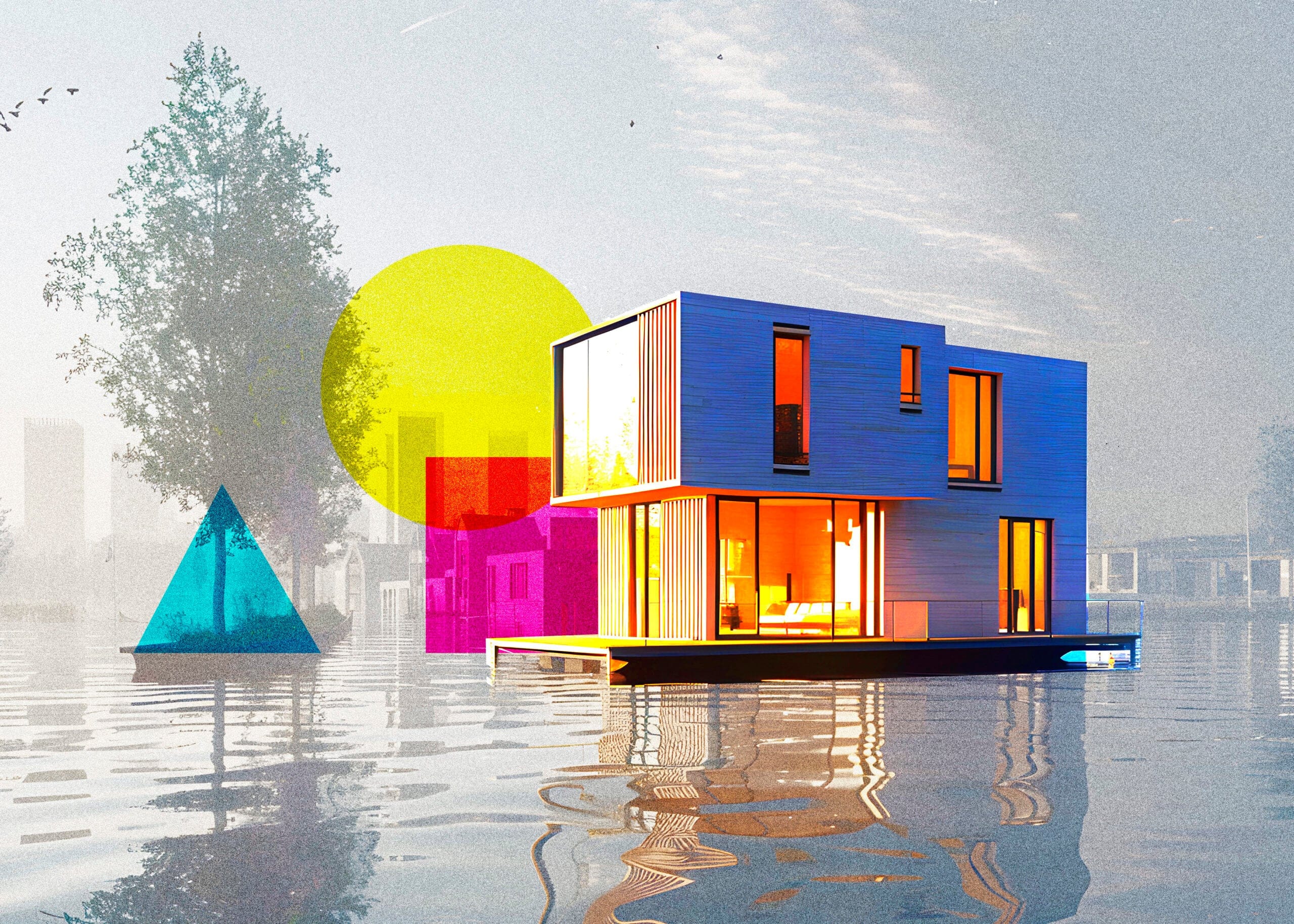 A colourful house floating above a flooded landscape