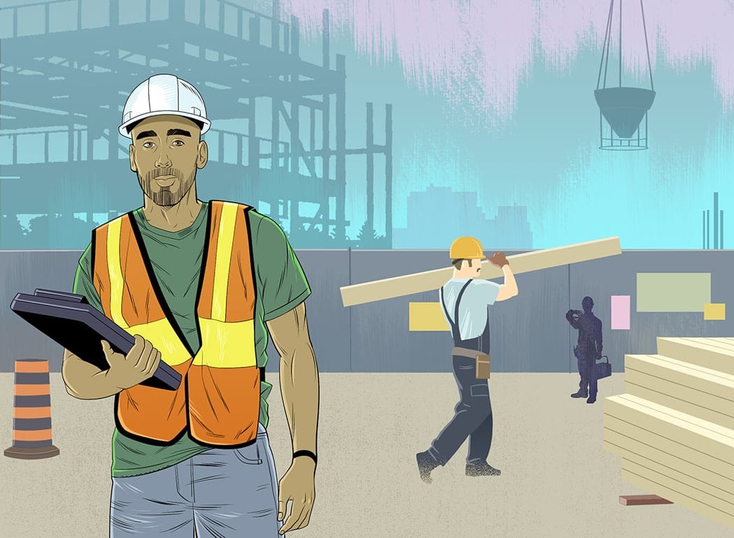 A construction worker with a notebook and an orange safety vest stands in front of a construction site with other workers