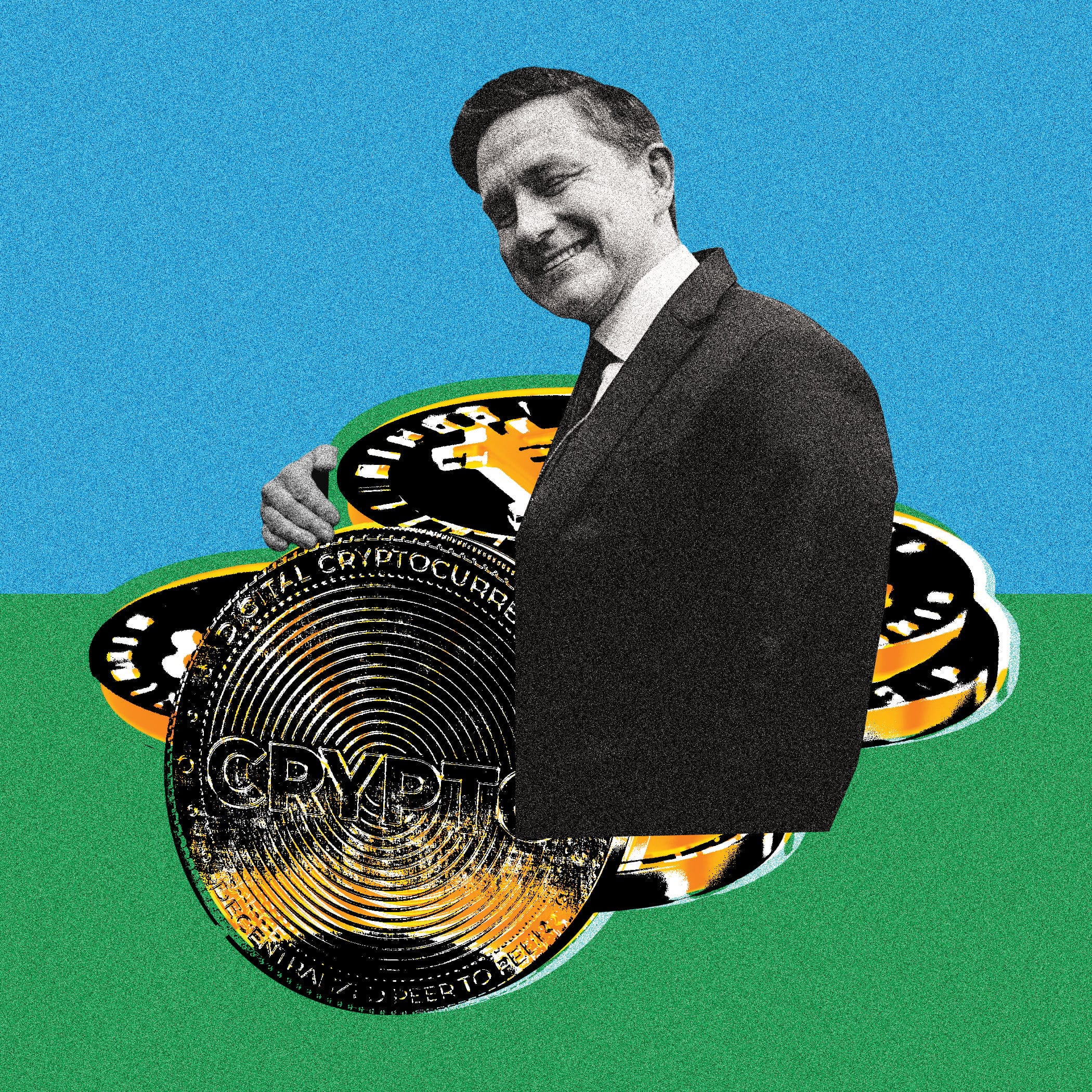 A smiling man in a suit and tie beside a coin that says "CRYPTO"