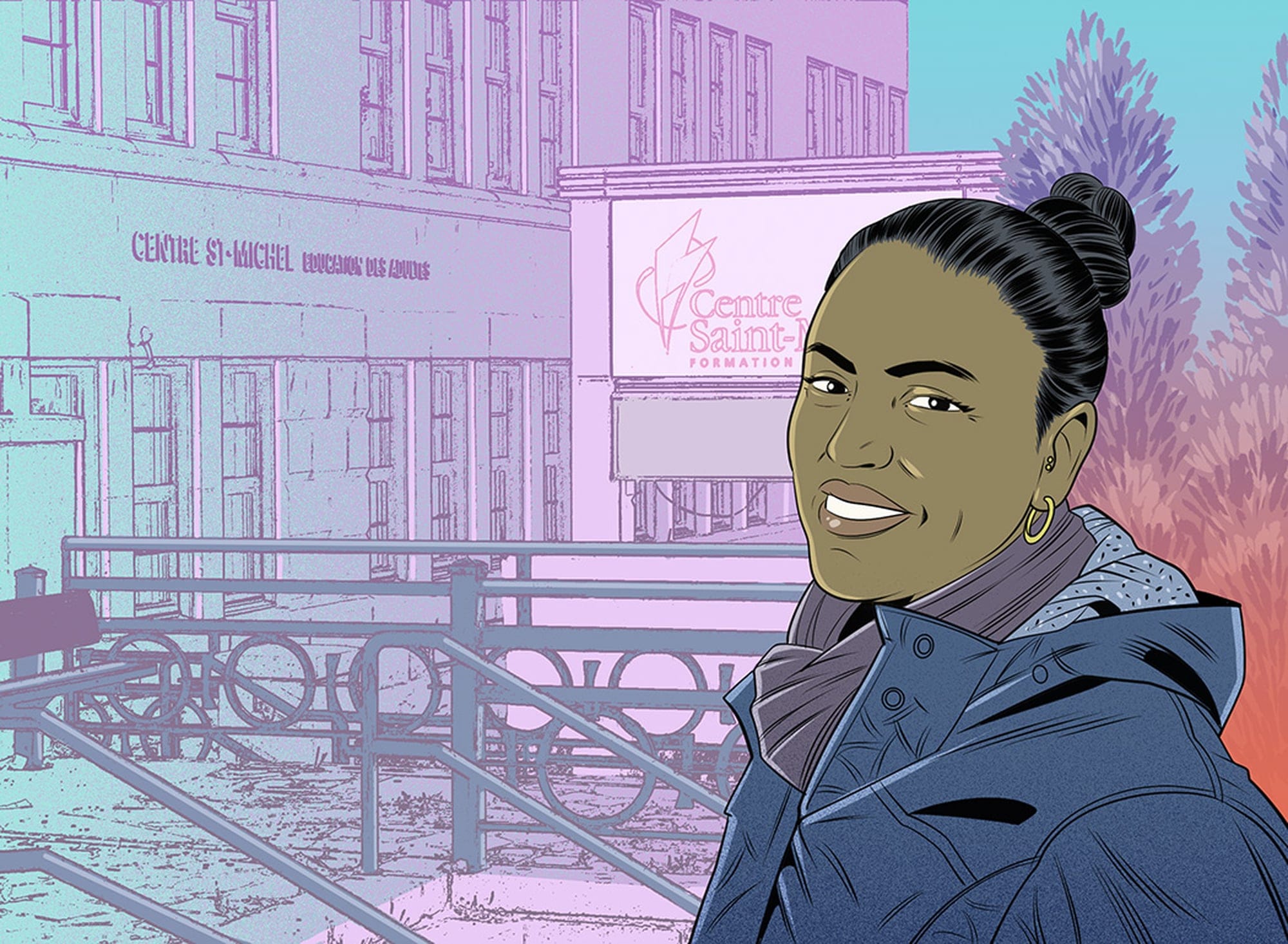 A woman in a purple jacket and hoop earrings standing outside the Centre Michel