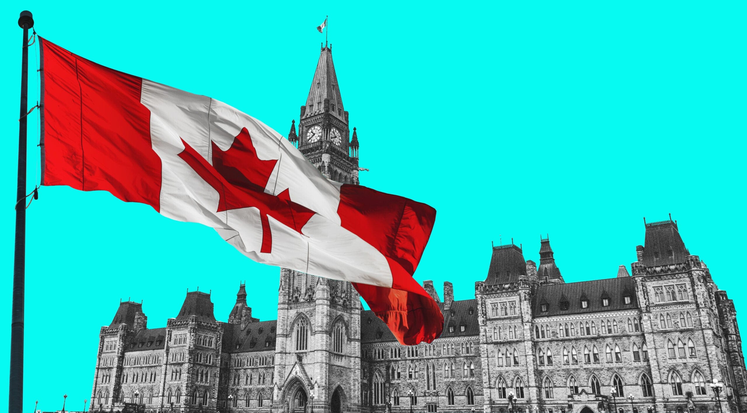 A Canada flag flying in front of the parliament building in Ottawa