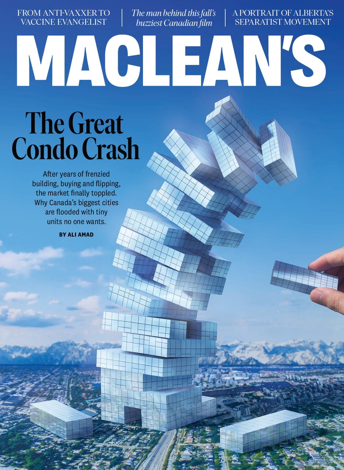 The cover of the Maclean's September 2025 issue, featuring the headline "The Great Condo Crash" and an illustration of an apartment building that looks like a stack of Jenga blocks