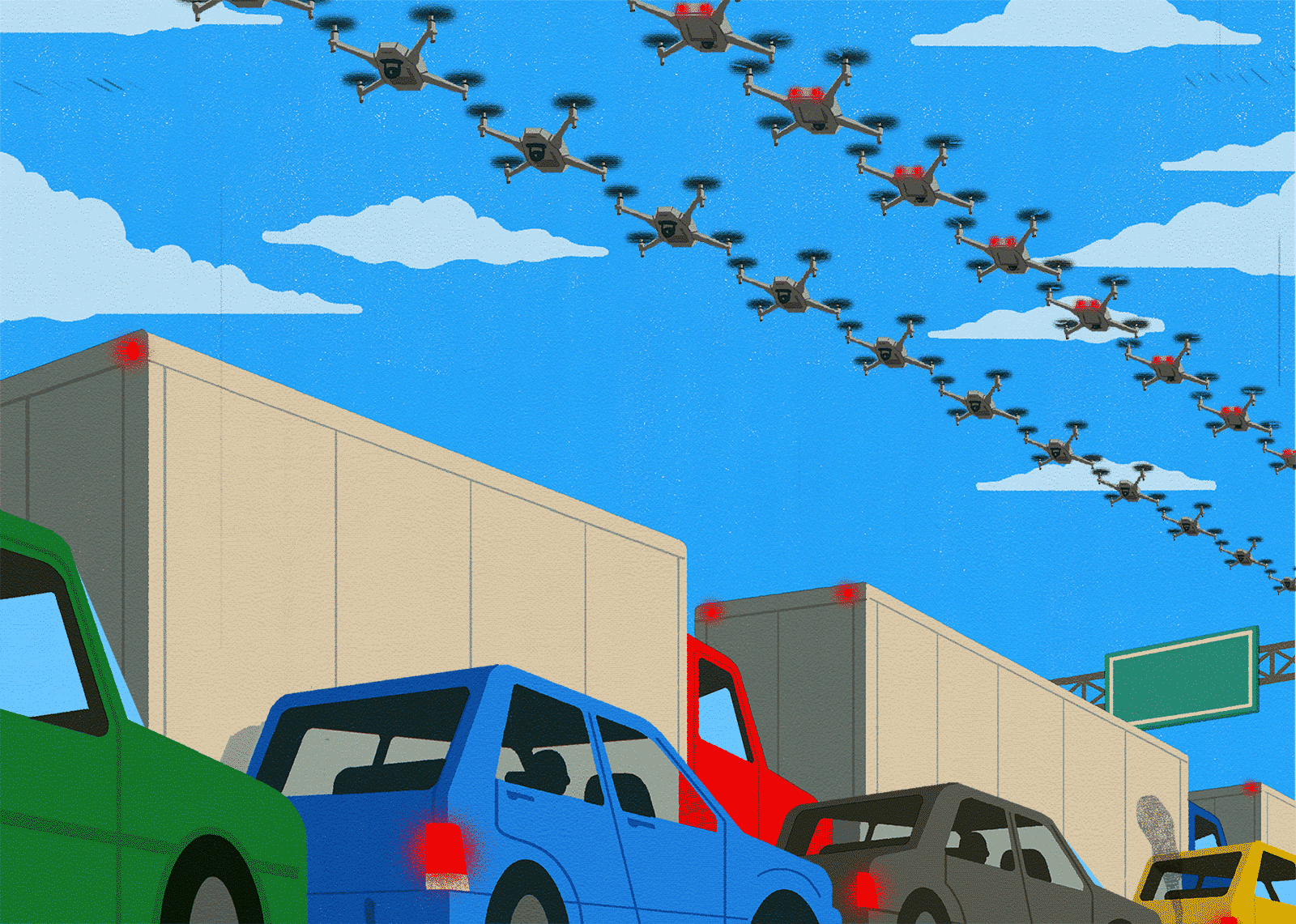 Drones flying over a busy street