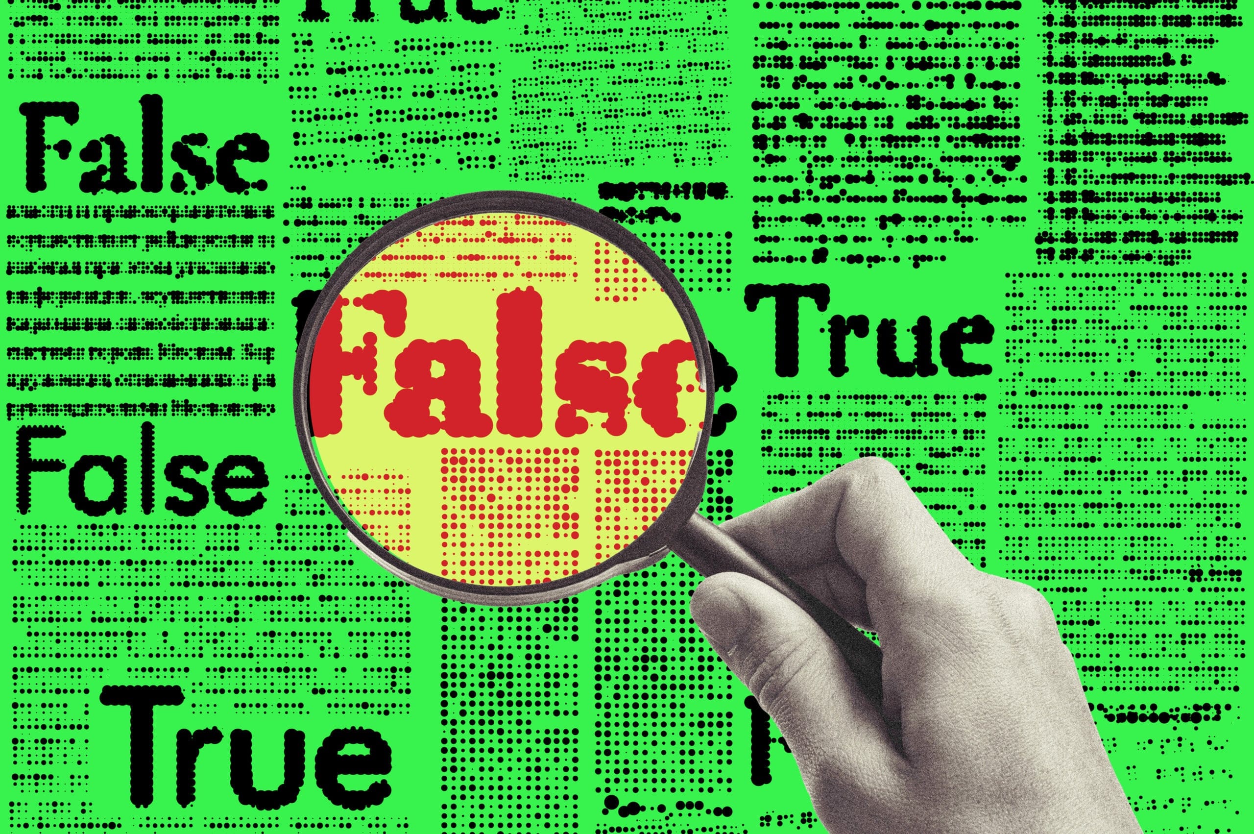 A magnifying glass over the word "False"