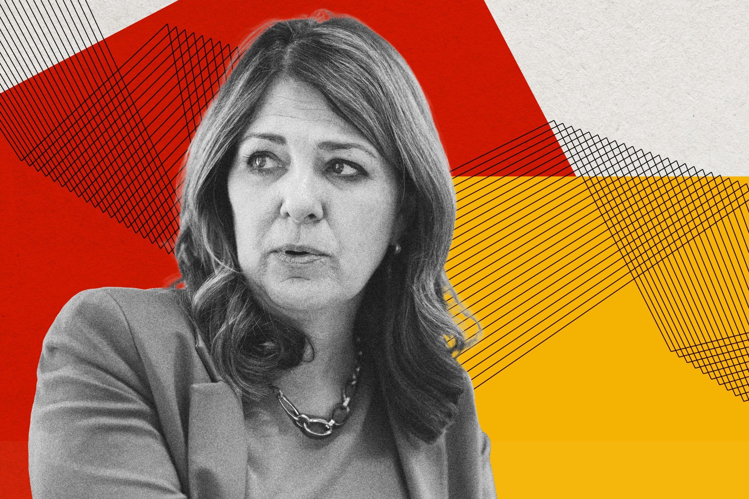 Danielle Smith against a red, white and yellow background