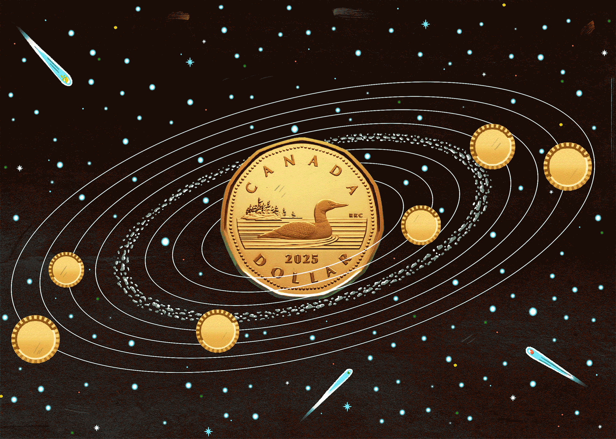 Small coins orbiting around a loonie like moons around a planet
