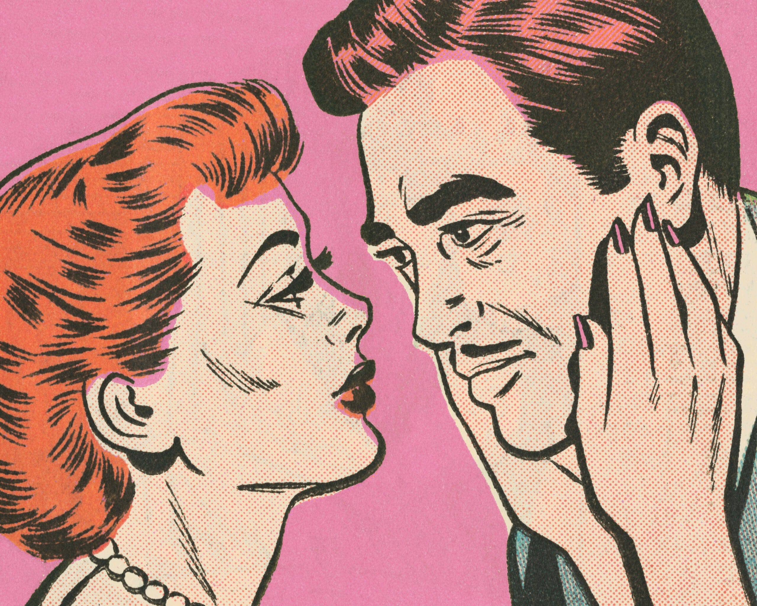 Cartoon image of a woman holding a mans face with a pink background.