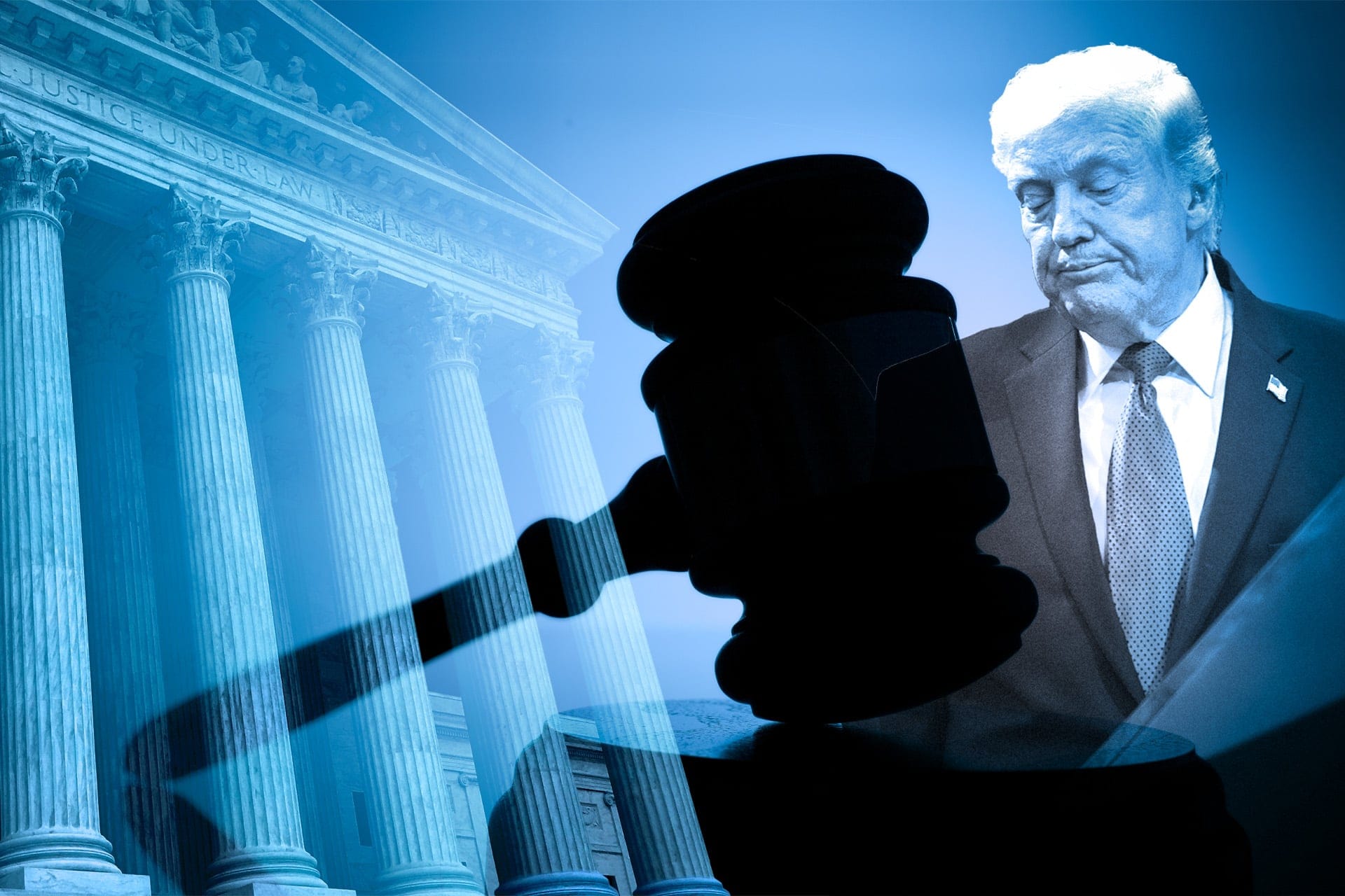 A gavel as the focal point in front of a blue hue imagine of Trump.