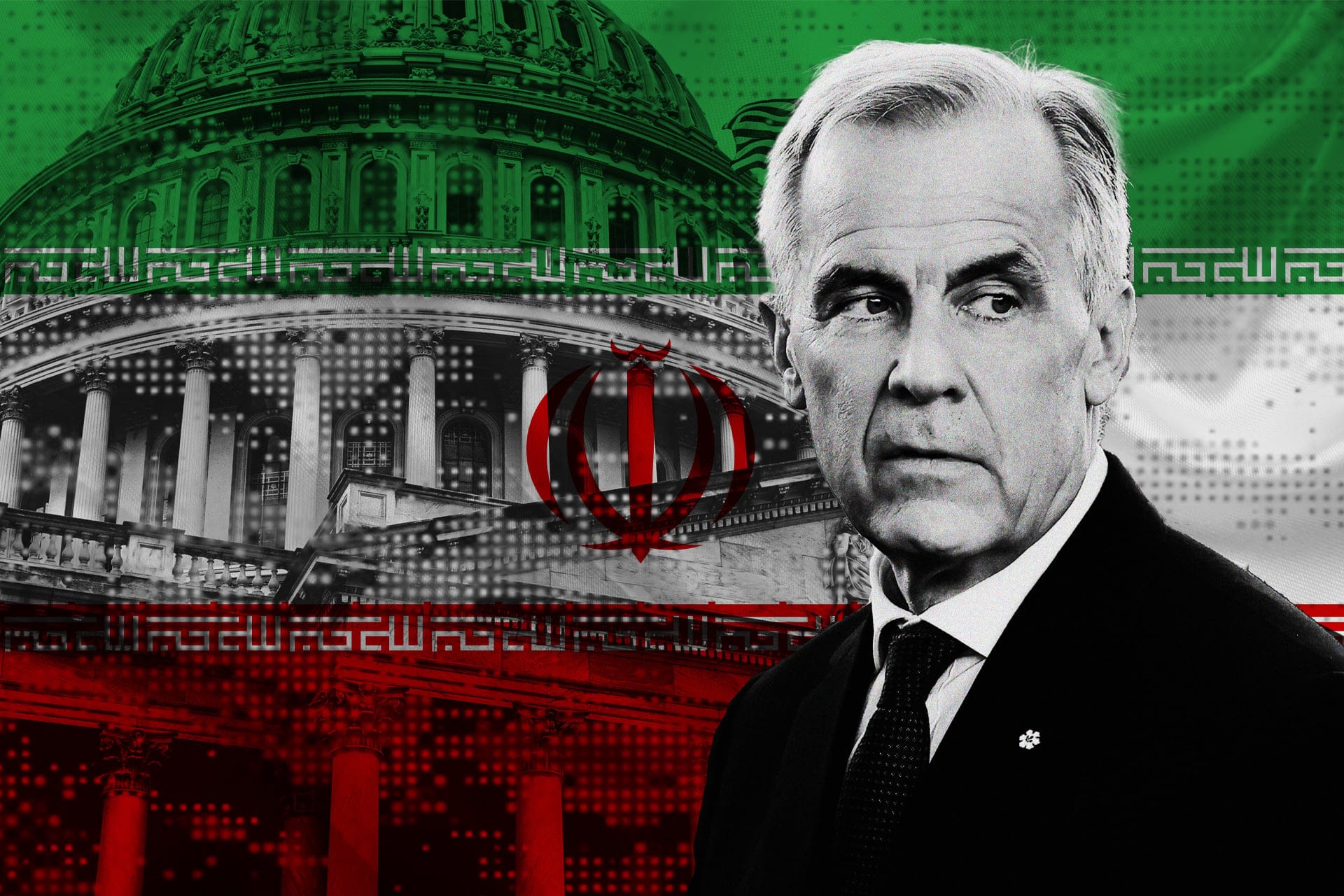 Mark Carney in front of the Iranian flag
