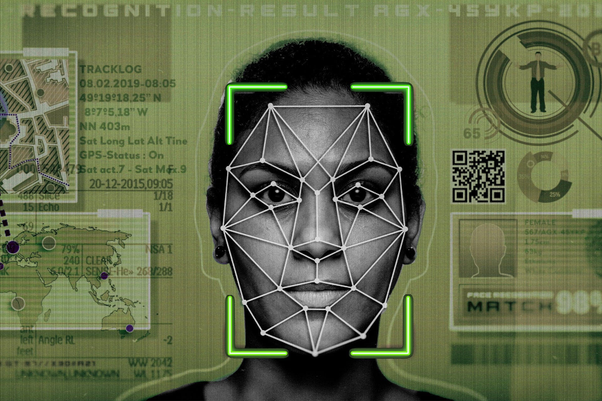 Portrait of a girl on a passport picture with lines and a box around her face.