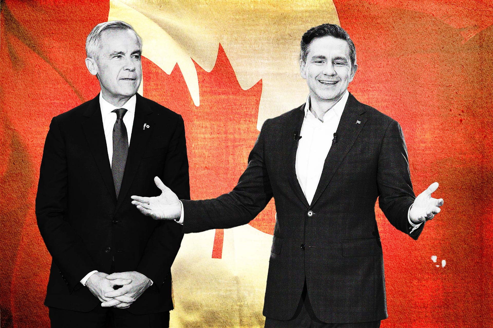 Mark Carney on the left and Pierre Poilievre right, in black and white standing in front of a Canadian flag.