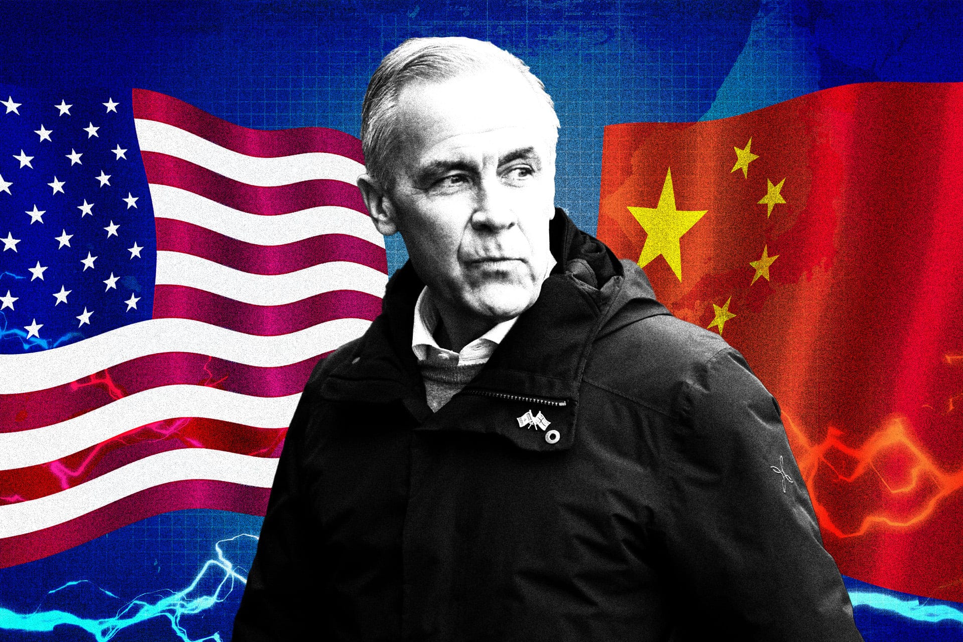 A portrait of Mark Carney sending in front of an American flag to his left, and Chinese flag to his right.