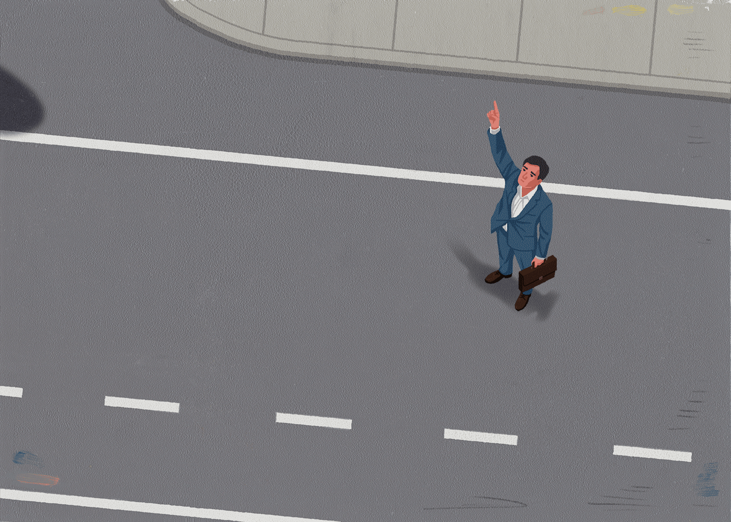 The shadow of an airplane passing over a man standing on the pavement, holding a briefcase