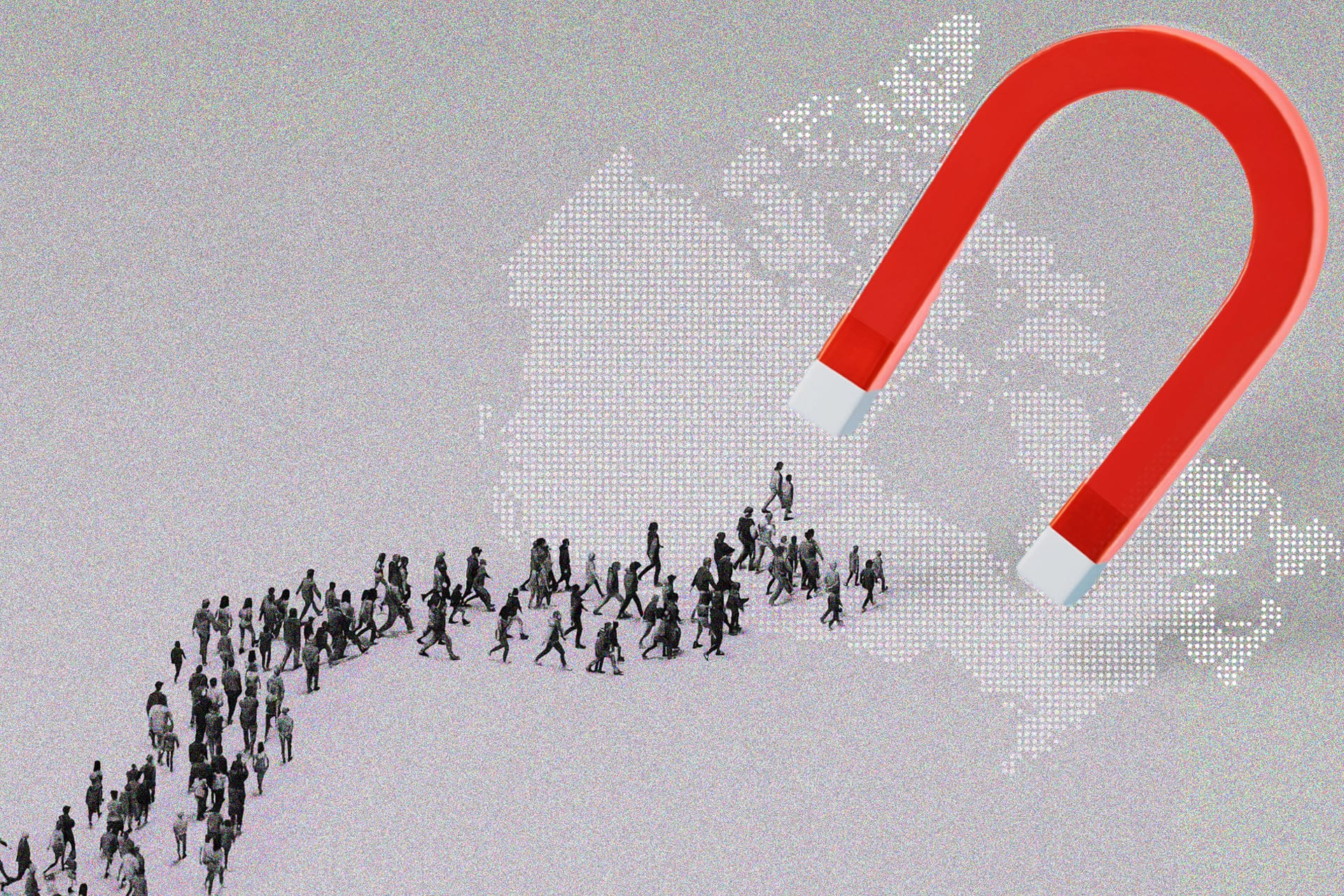 A photo illustration of a magnet drawing a crowd of people to a map of Canada