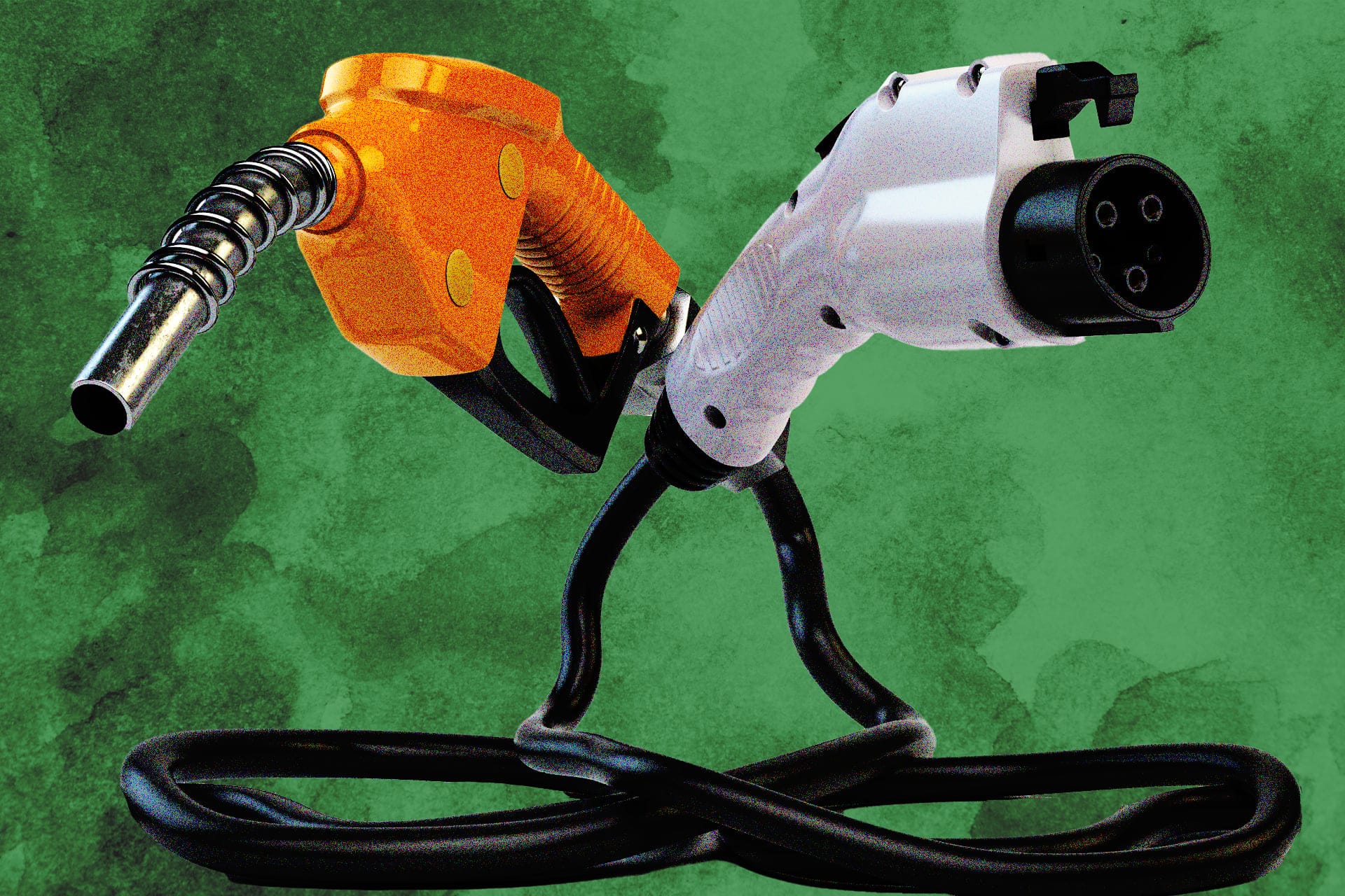 An orange gas pump on the left and an electric charger on the right, with the wires crossing over each other.