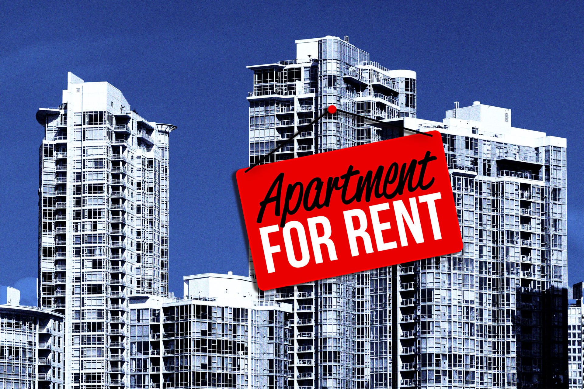 "Apartment for rent" and several condominium　buildings in the background