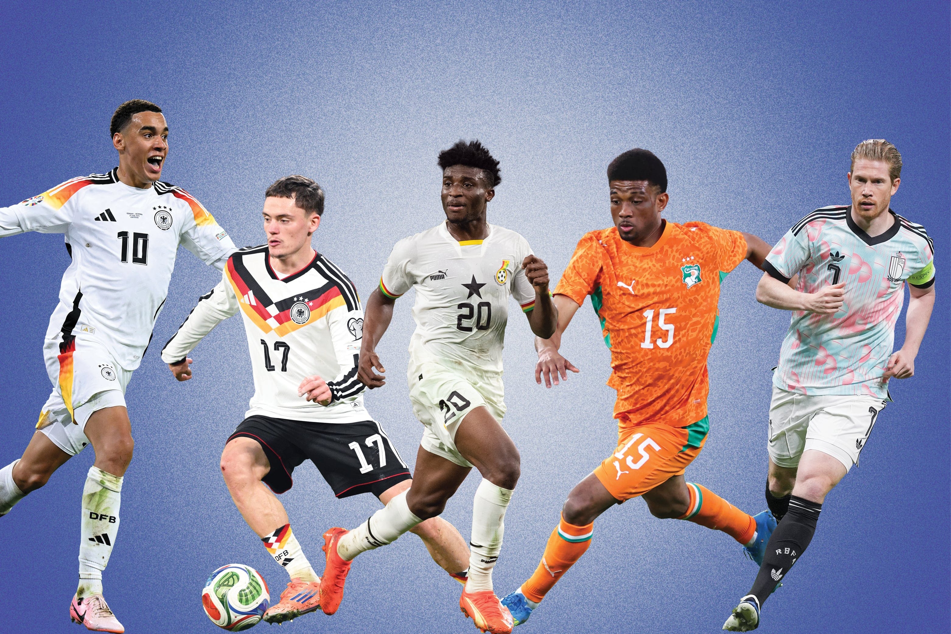 Five soccer players (Jamal Musiala, Florian Wirtz, Mohammed Kudus, Amad Diallo and Kevin De Bruyne, from left to right), each cropped from different pictures during games. Behind them is a blue coloured back ground