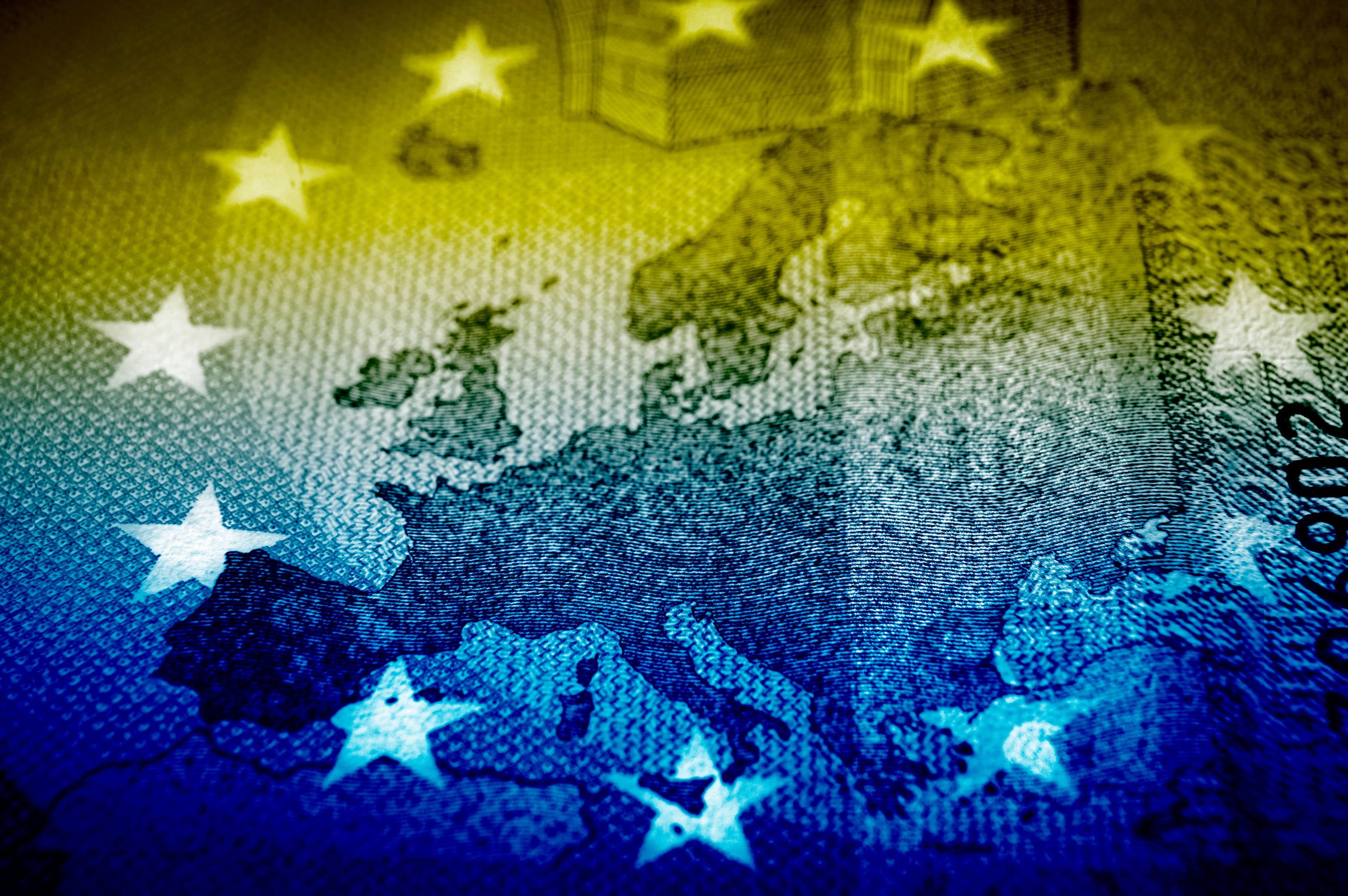 The European Union flag superimposed over a map of Europe