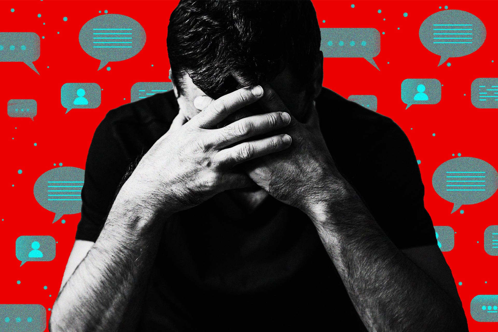 A man holds his head in his hands, surrounded by chat bubbles