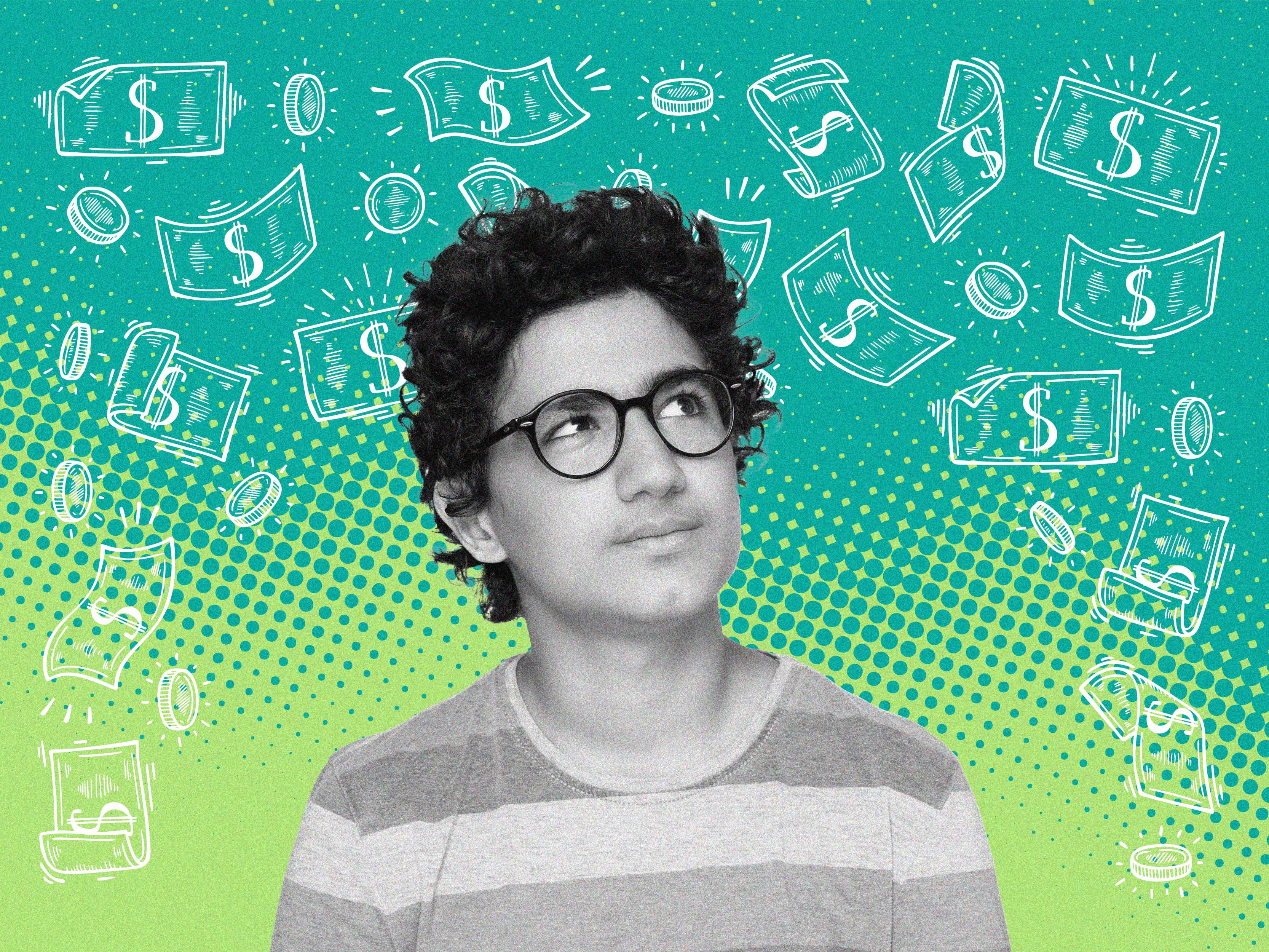 A young student thinking on an illustrated background with money and coins.