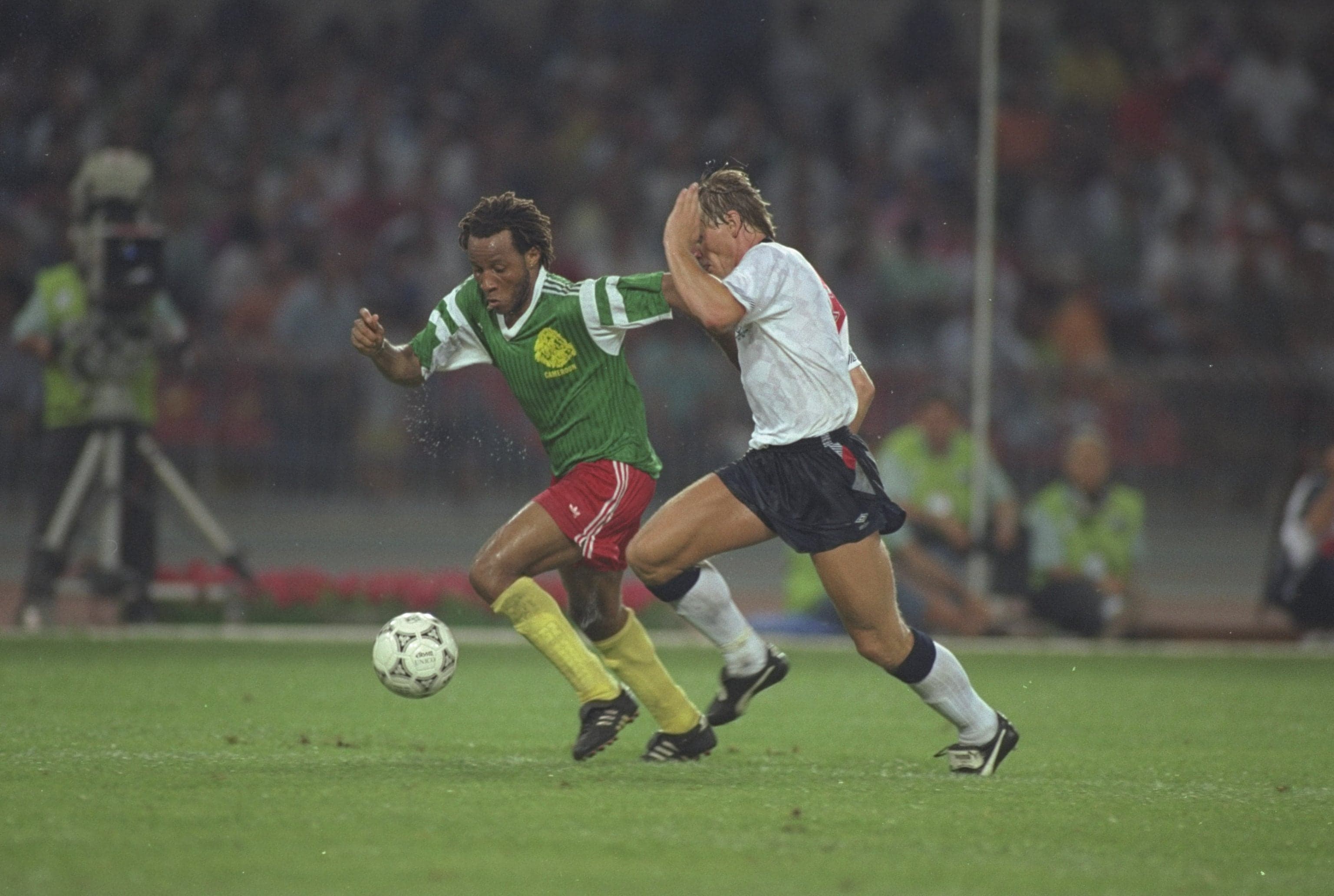 Cyrille Makanaky of Cameroon and Stuart Pearce of England