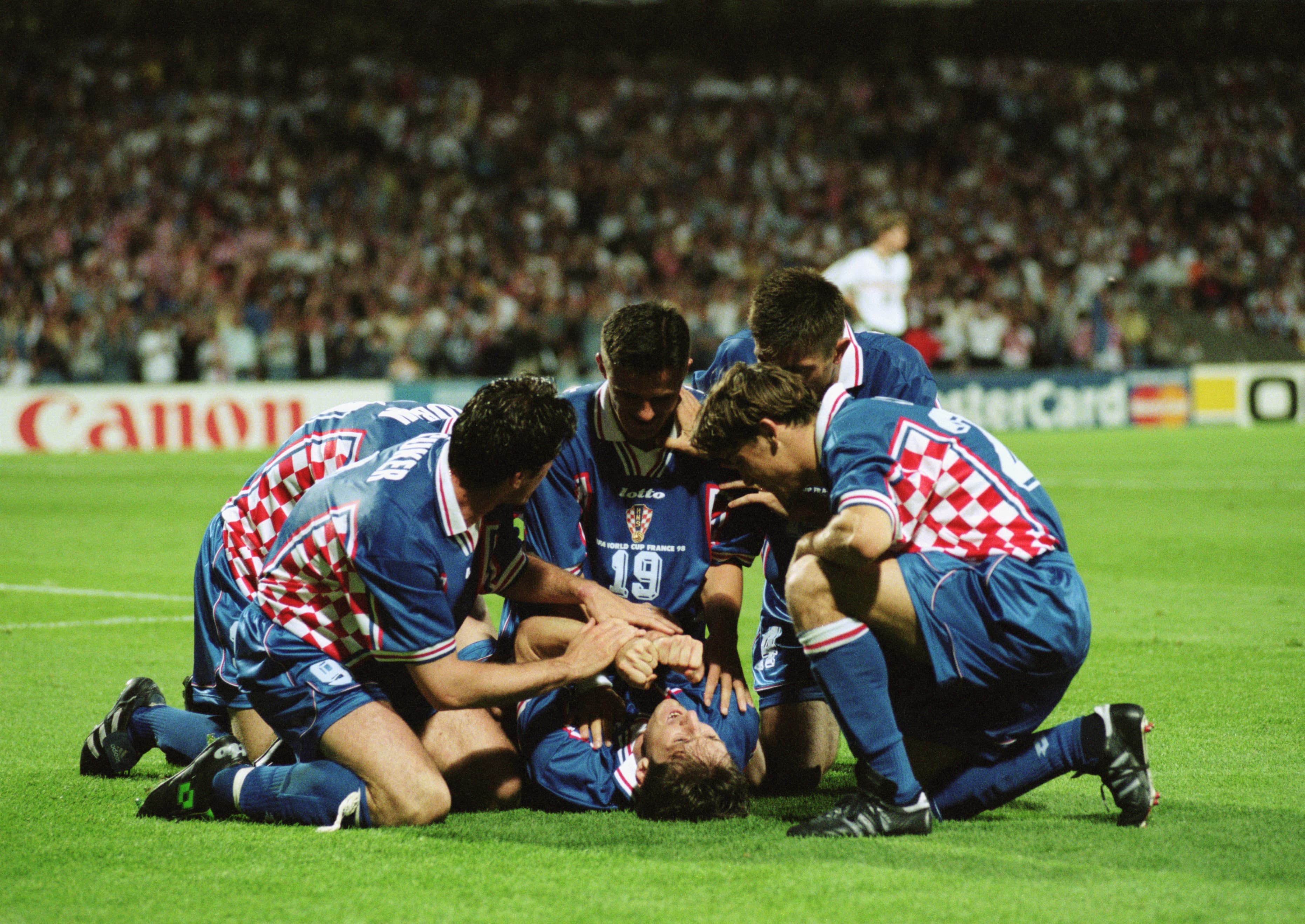 Robert Jarni of Croatia celebrates his goal with his team-mates