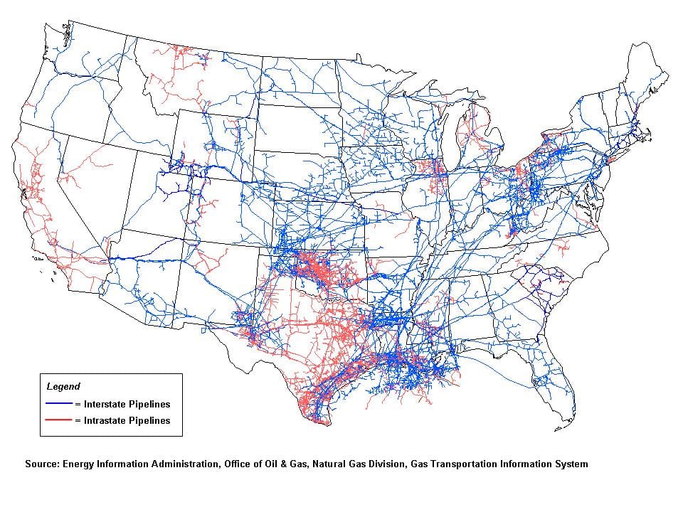 US Natural Gas Pipeline network, Source: Energy Information Agency