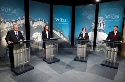 NDP Leader Brian Mason , left, Wildrose leader Danielle Smith, Conservative leader Alison Redford, Liberal Leader Raj Sherman.