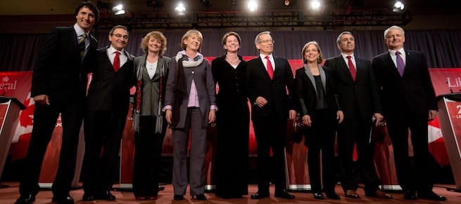 From left to right, federal Liberal leadership candidates Justin Trudeau, Martin Cauchon, Karen McCrimmon, Joyce Murray, Martha Hall Findlay, George Takach, Deborah Coyne, David Bertschi and Marc Garne after the party's first leadership debate in Vancouver, B.C., on January 20, 2013. (Darryl Dyck, THE CANADIAN PRESS)