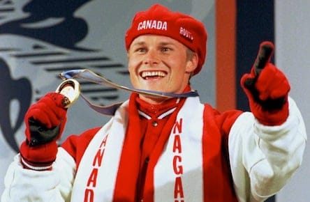Men's Giant Slalom Snowboard gold medal winner Ross Rebagliati of Canada shows his delight during th..