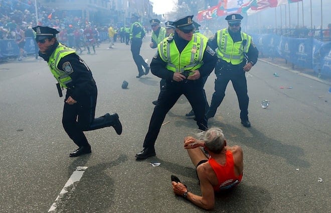 78-year-old Bill Iffrig moments after being knocked down by the explosion (John Tlumacki/AP/Boston Globe)