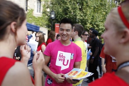 Chris Yu promotes a healthy living club MoveU during the University of Toronto's 2012 Club Showcase