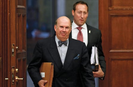 Supreme Court of Canada nominee Justice Nadon arrives to testify with Justice Minister MacKay on Parliament Hill in Ottawa