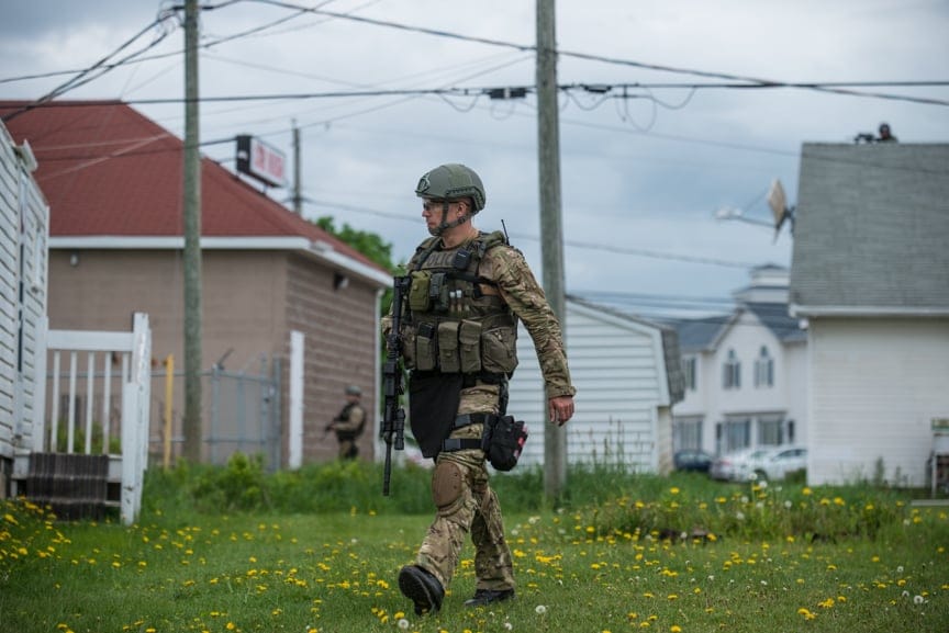 A heavily armed police officer in Moncton.