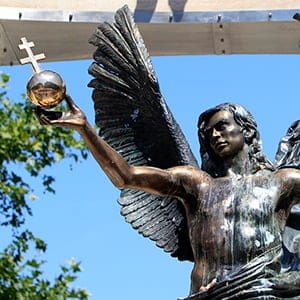 A defaced part of a World War Two memorial, of which the centrepiece was installed overnight after months of delay, is pictured in Budapest