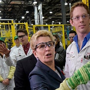 Ontario Premier Kathleen Wynne is pictured during a photo-op at the Honda of Canada plant in Alliston, Ontario