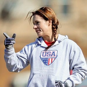Feb. 13, 2014 - Allen, TX, United States of America - Jennifer Welter (right) visits with a teammate while waiting to participate in a drill during practice Thursday, February 13, 2014, in Allen, Texas. The 5-foot-2-inch, 130 pound Welter is the first woman to try out for a professional football team at a position other than kicker, she is trying to make the Texas Revolution of the Arena Football League, as a running back. (Michael Prengler/Cal Sport Media/AP)