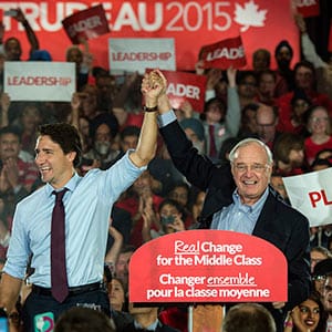 Former prime minister Paul Martin introduces Liberal leader Justin Trudeau during a rally Tuesday, August 25, 2015 in Brampton, Ontario. Paul Chiasson/CP