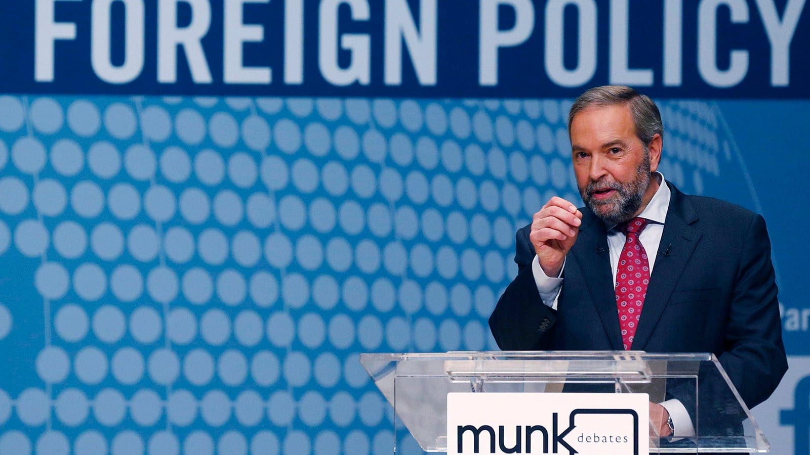 New Democratic Party (NDP) leader Thomas Mulcair speaks at the Munk leaders' debate on Canada's foreign policy in Toronto, Canada September 28, 2015. Canadians go to the polls in a federal election on October 19, 2015. REUTERS/Mark Blinch (CANADA - Tags: POLITICS ELECTIONS) - RTS25VT