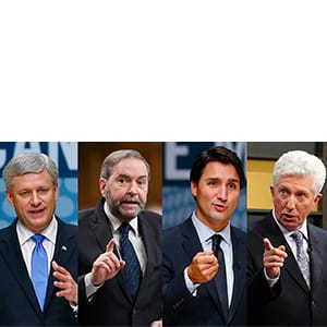 Headshots of Stephen Harper, Thomas Mulcair, Justin Trudeau and Gilles Duceppe at various debates