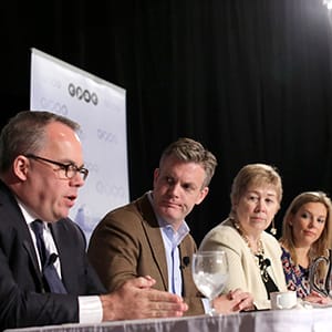 (L-R) Moderator Paul Wells from Maclean's, Conservative campaign spokesman Kory Teneycke, NDP campaign director Anne McGrath and weigh-in on the results of the federal election during the Maclean's "Election 2015: What Just Happened?" panel debate at the Chateau Laurier in Ottawa, Ontario on Oct. 21, 2015. (Photograph by David Kawai)