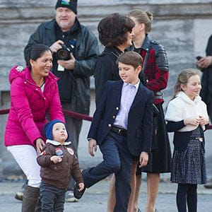 Margaret Trudeau with her grandchildren Hadrian, Xavier and Ella-Grace Trudeau, Ottawa, Ont., on Nov. 4, 2015. (Lars Hagberg/CP)