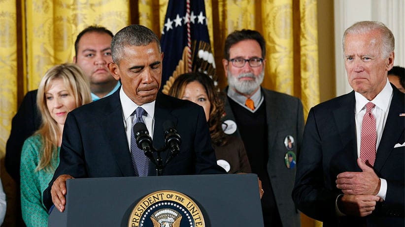 U.S. President Barack Obama announces steps the administration is taking to reduce gun violence while delivering a statement in the East Room of the White House in Washington January 5, 2016. Obama said the gun control measures were well within his authority to implement without congressional approval. Vice-President Joe Biden is at right. Kevin Lamarque/Reuters